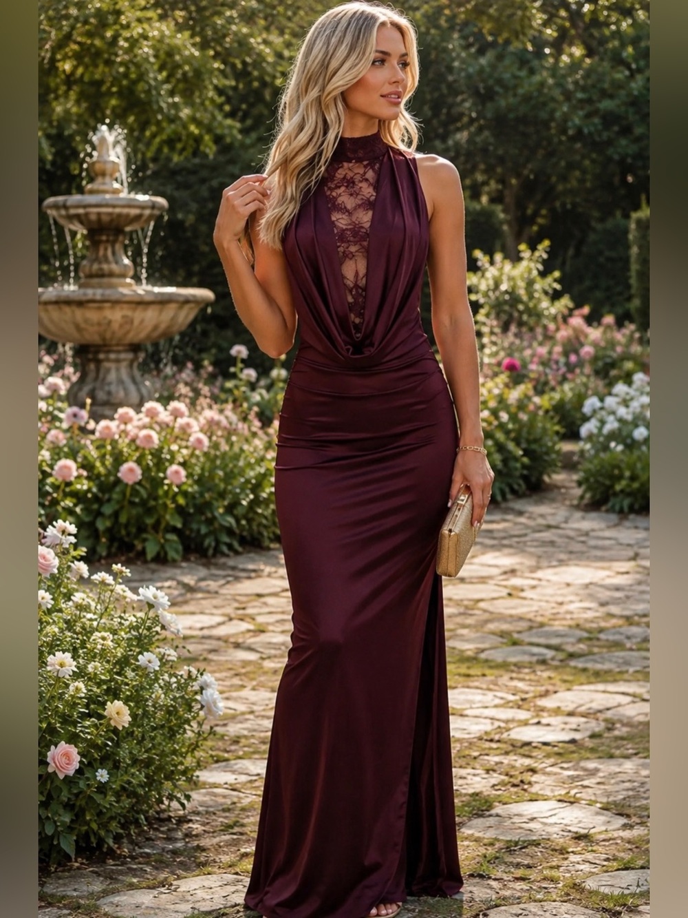 💕 Elegant Lace-Accent Burgundy Evening Gown - M 💕